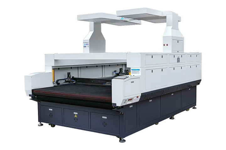 Máquina de corte a laser para tecidos de grande formato – Equipamento completo de corte a laser de CO₂ com posicionamento visual por câmera industrial