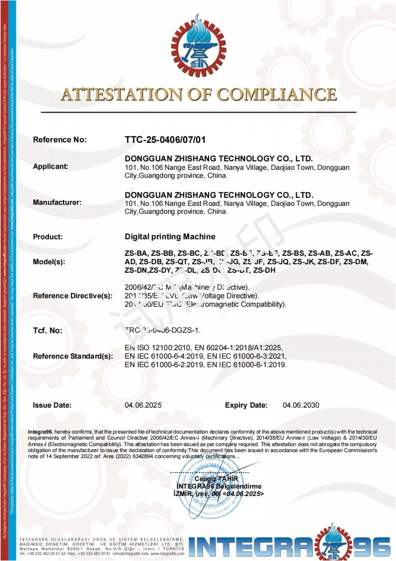 Dongguan Zhishang Technology Co., Ltd. CE Certificate of Conformity - Digital Printing Machine