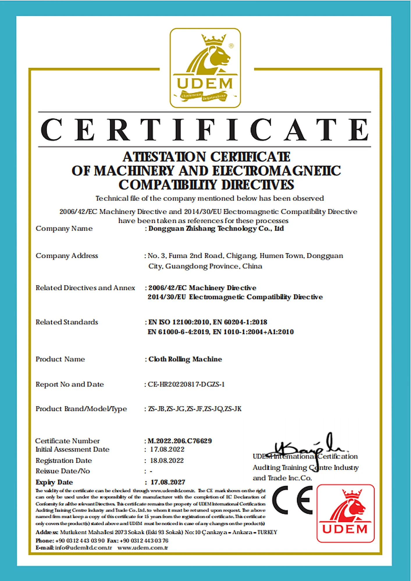 Dongguan Zhishang Technology Co., Ltd. CE Certification - Fabric Winding Machine