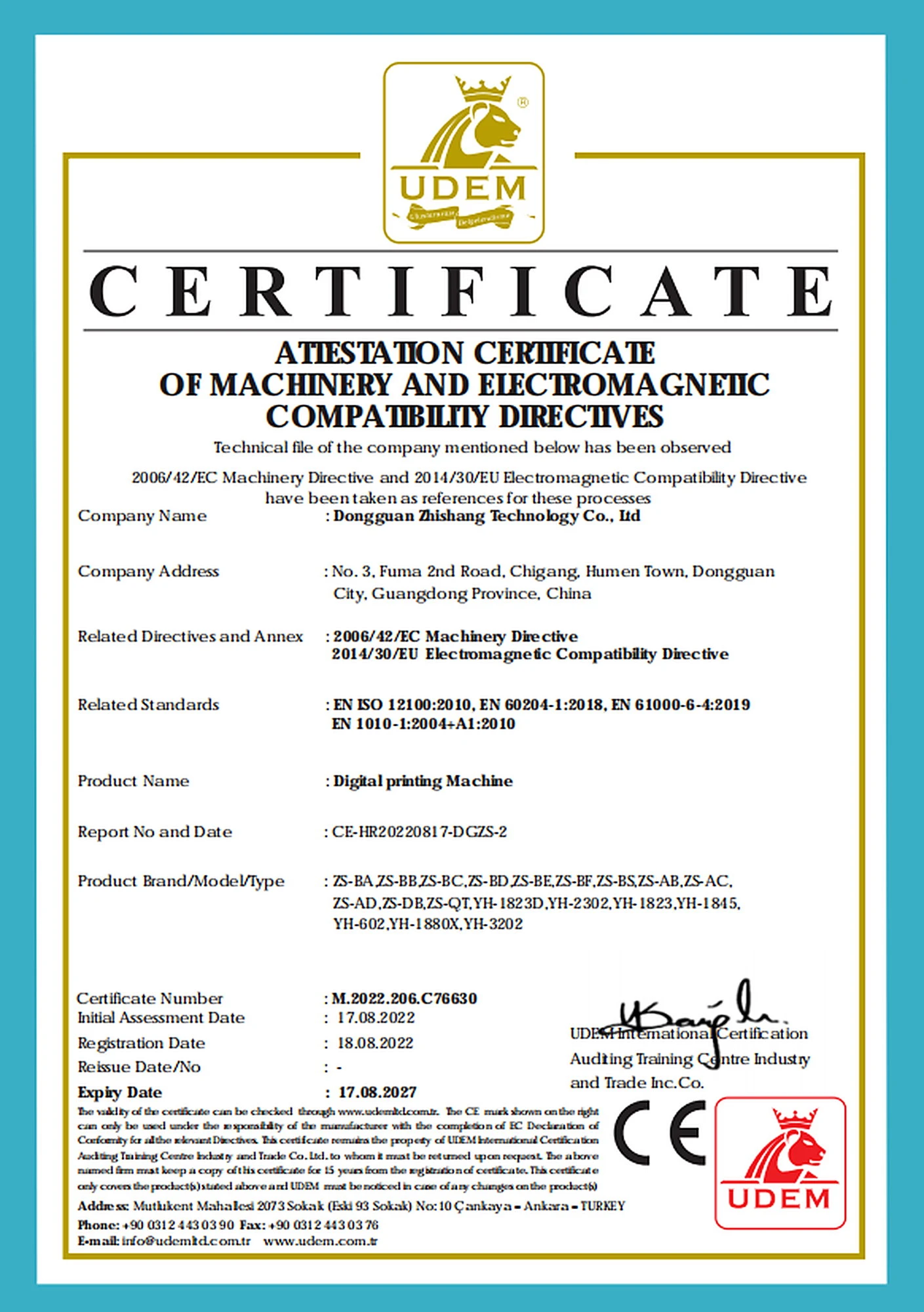 Dongguan Zhishang Technology Co., Ltd. CE Certification - Digital Printing Machine