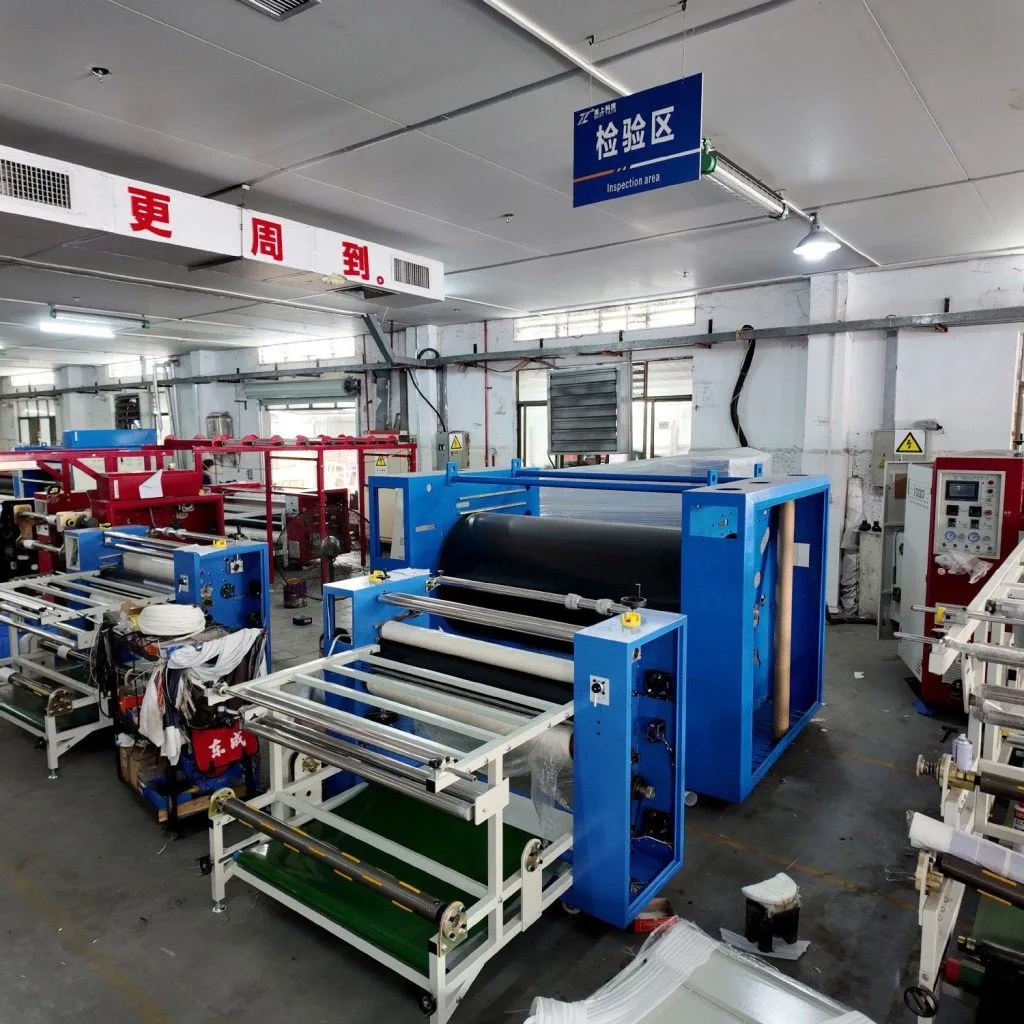 Actual photos from the inspection area of a Rotary Sublimation Transfer Machine; each unit undergoes item-by-item inspection before leaving the factory.