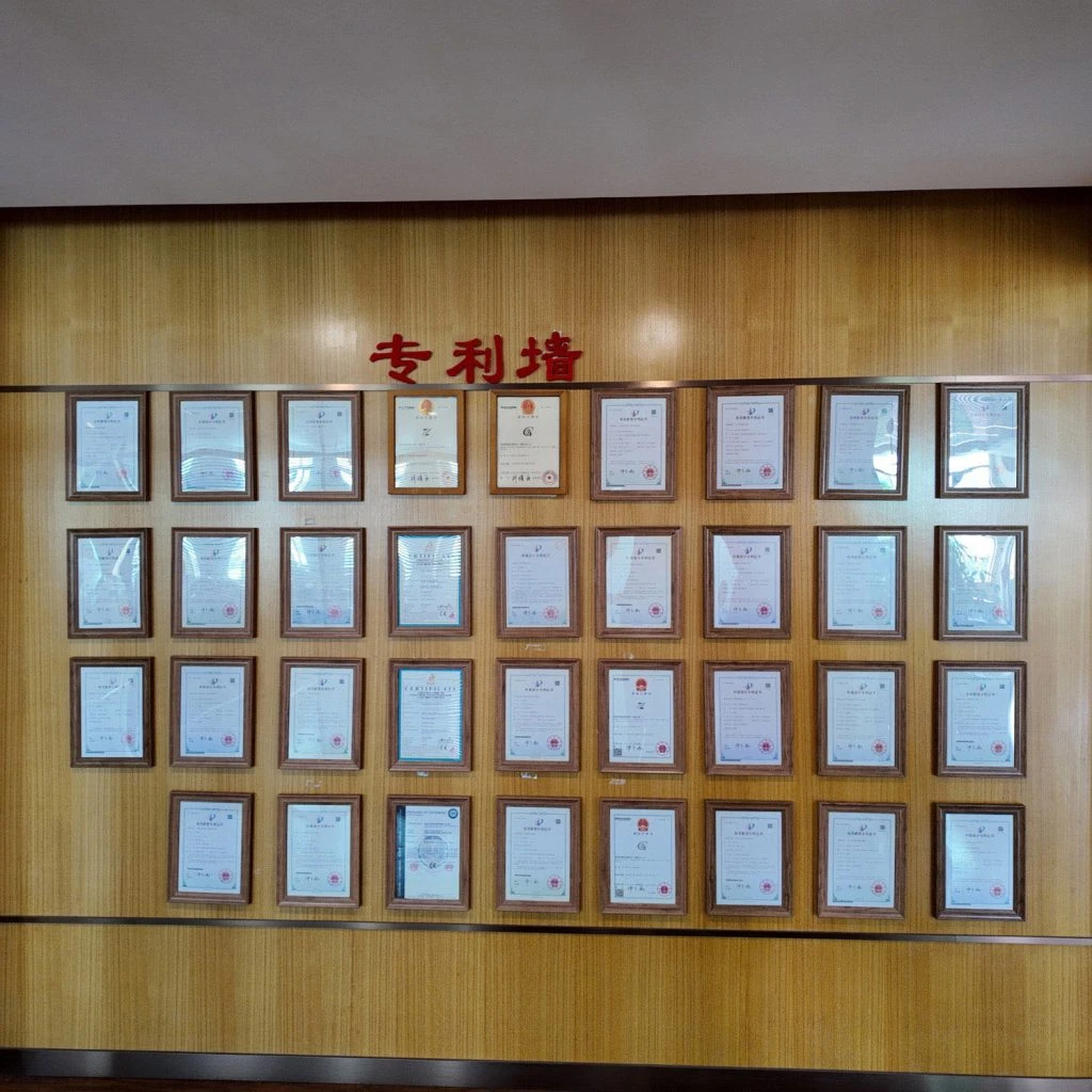 Actual photos of Zhishang Technology’s wall of patent certificates, showcasing utility model patent certificates and the company’s qualifications and honors